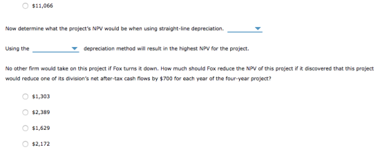 $11,066 Now determine what the projects NPV would be when using straight-line depreciation depreciation method will result i
