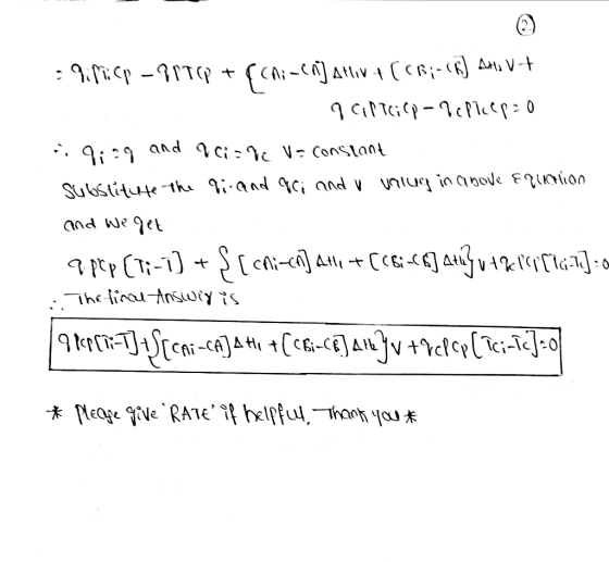 = 9.17cp - 9874 + f(ni-cn] atliv +(CP-() Allsv+ qapciep-alicep=0 :: 9199 and 9 Ci=1c Vo constant substitute the qi and qc; an