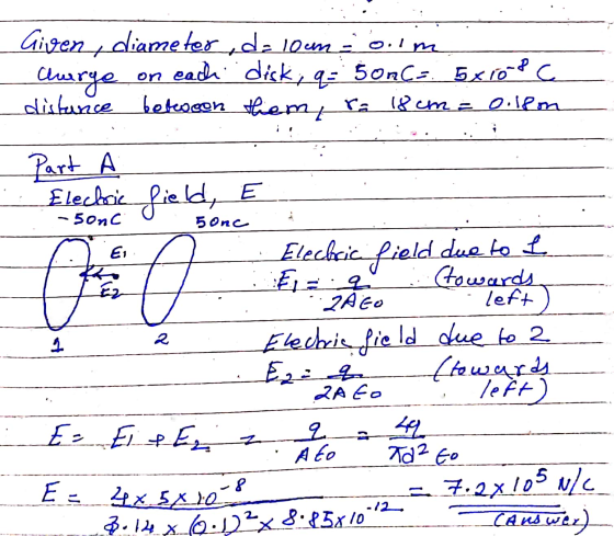 Given diameter, da 100m olm Charge on each disk, q= 5 onC= 5x108 C distance between them ra 18 cm = ooleon on -50nci 5onc Ei