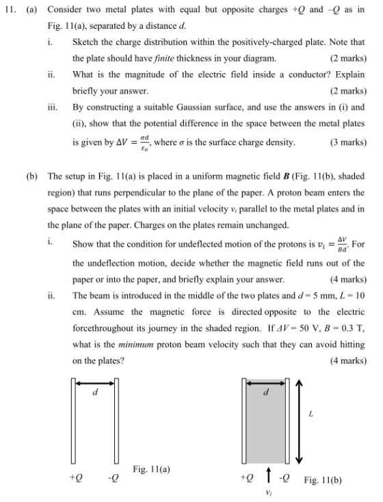 11. (a) Consider two metal plates with equal but opposite charges +Qand - as in Fig. 11(a), separated by a distance d. Sketch