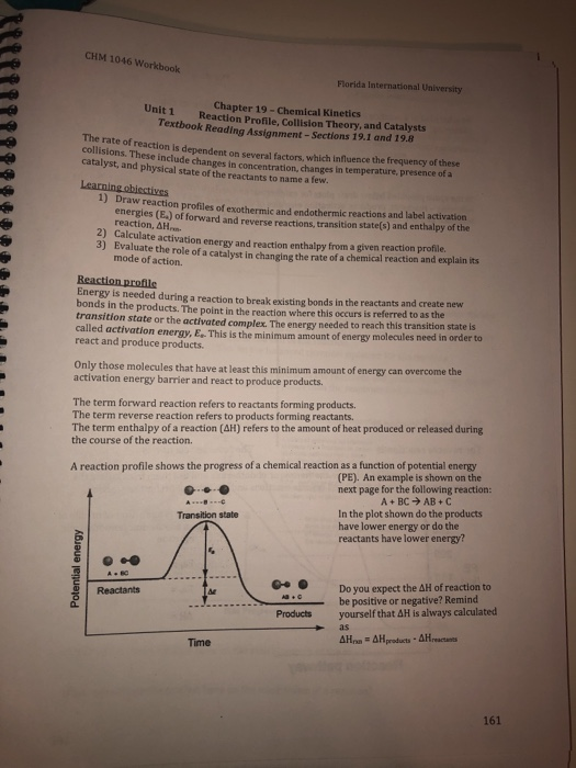 CHM 1046 Workbook Florida International University Chapter 19-Chemical Kinetics Reaction Profile, Collision Theory, and Catal