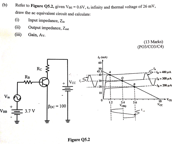 (b) Refer to Figure Q5.2, given VBE = 0.6V, ro infinit re V.2, given VBE = 0.6V, ro infinity and thermal voltage of 26 mV, dr