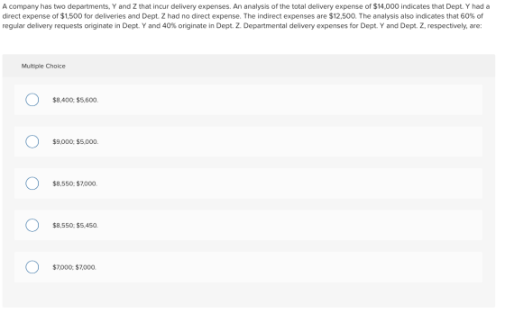A company has two departments, Y and Z that incur delivery expenses. An analysis of the total delivery expense of $14,000 ind