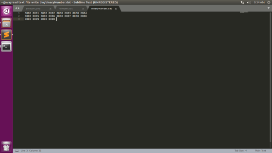-/java/read text file write bin/binaryNumber.dat - Sublime Text (UNREGISTERED) ti 1) 9:34 AM * binary Number.dat x solution.j