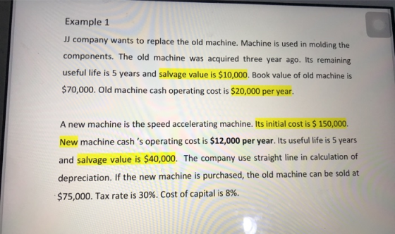 Example 1 JJ company wants to replace the old machine. Machine is used in molding the components. The old machine was acquire