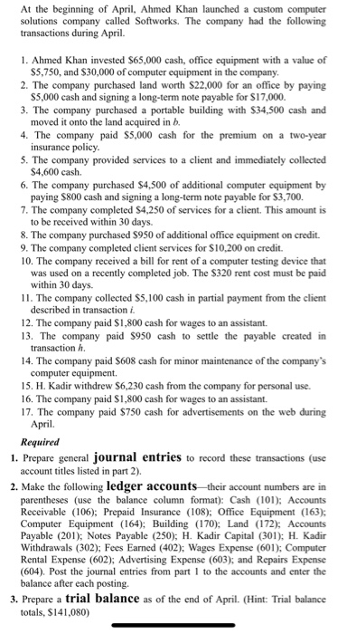 At the beginning of April, Ahmed Khan launched a custom computer solutions company called Softworks. The company had the foll