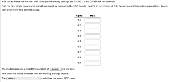 MSE values based on the two- and three-period moving average are 25,543.12 and 24,466.09, respectively. Find the best single