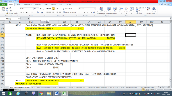 Home nert Page Layout Formulas Data Review View dd-Ins as Cut 11.A. A.--- 9- ずWrap Text Σ AutoSum ー E ゴText General copy ▼ Conditional Format Cell Formatting, as Table w styles. Insert Delete Format Paste Format Painter B l U. -...Δ.-=- Merge & Center. $ , % , , , 2 ClearFe Select Edting ▼ ㆆ ▼ Clipboard Font Alignment Number Styles Cells AU273 应 Formula Bar ACD AP AQ AR AS AT AU AV AW AX AN1 CASHFLOW FROM ASSETS OCF-NCS-NWC (NCS NET CAPITAL SPENDING AND NWC-NET WORKING CAPITAL, BOTH ARE ZERO) 270 271 272 273 274 275 276 277 278 279 280 281 282 283 284 285 286 287 288 1 | | OCF CASH FLOW STATW CASHFLOW FROM ASSETS 5600 NCS-NET CAPITAL SPENDING-CHANGE IN NET FİXED ASSETS + DEPRECIATION NCS-NET CAPITAL SPENDING-(539700-481400)+ 43700 NOTE 102000 NWC NET WORKING CAPITAL INCREASE IN CURRENT ASSETS INCREASE IN CURRENT LIABILITIES NWC (59000-54200)+ ((128300 - 121600)+(9500-18200)) -(58700-42600) 13300 NWC (CHANGE IN RECEIVABLES, INVENTORY, CASH) - (CHANGE IN PAYABLES) CFC = CASH FLOW TO CREDITORS CFC (INTEREST EXPENSES-NET NEW BORROWINGS) CFC- 11400-(293500-287400) CFC 5300 CASHFLOW FROM ASSETS CASHFLOW FROM CREDITORS+ CASH FLOW TO STOCK HOLDERS 5600-5300 + CASH FLOW TO STOCK HOLDERS ANS 2CASHFLOW TO STOCK HOLDERS ANSWER:a: $5600, $300 300 MSI confide celNDE CURRENCY LOAN CROSS OVER HEDGING MONEY MARKET GM HPR AM TAX GROW TH SUST PREFALD DIV POLICY 12-01-2019