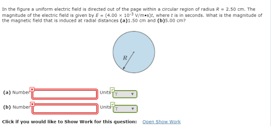 In the figure a uniform electric field is directed out of the page within a circular region of radius R = 2.50 cm. The magnit