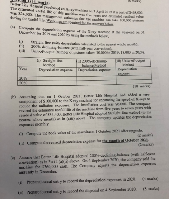 16 marks) Wulston 334 marks) Better Life Hospital purchased an X-ray machine on 3 April 2019 at a cost of $405 The estimated