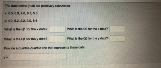 The data below (n=5) are positively associated. x: 5.5, 6.3, 4.0, 8.7, 5.3 y: 4.0, 5.2, 2.2, 9.0, 5.6 What is the Q1 for the