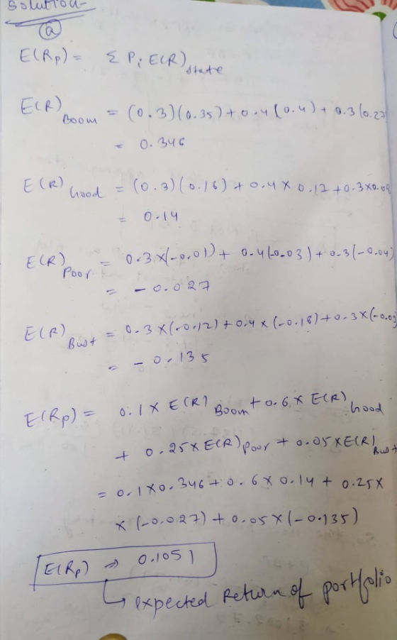 solutiou- E(Rp) = {P.E(R) te ELR) om = (0.3) (0.35) toukou) + 0.3 10.27 = 0.346 E(R) Good = (0.3)(0.16) +0.4X0.12 +0-3X0.09 =