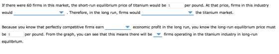 If there were 60 firms in this market, the short-run equilibrium price of titanium would be s per pound. At that price, firms