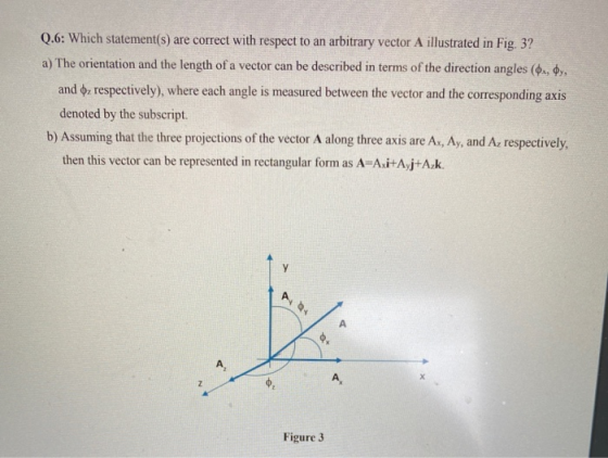 Q.6: Which statement(s) are correct with respect to an arbitrary vector A illustrated in Fig. 3? a) The orientation and the l