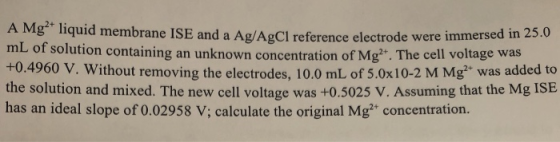 A Mg* liquid membrane ISE and a Ag/AgCl reference electrode were mL of solution containing an unknown concentration of Mg2+.