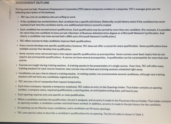 ASSESSMENT OUTLINE During peak perlods, Temporary Employment Corporation (TEC) places temporary workers in companies. TECs m