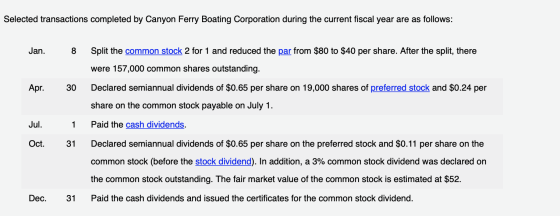 Selected transactions completed by Canyon Ferry Boating Corporation during the current fiscal year are as follows: Jan. 8 Spl