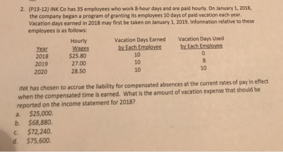 2. (P13-12) INK Co has 35 employees who work 8-hour days and are paid hourly. On January 1, 2018, the company began a program