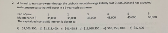 2. Atunnel to transport water through the Lubbock mountain range initially cost $1,000,000 and has expected maintenance costs