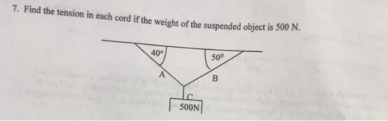 7. Find the tension in each cord if the weight of the suspeded object is 500 N. 40° 50° 500N