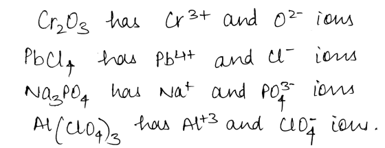 Cr₂O3 has Cr3+ and orious Polla has pb4t and it ions Na₃POA has wat and Posions Al/C10a) has Alt3 and coa ious.