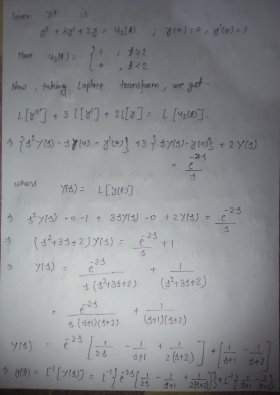 Hexe Criver DE is yll + 3yl + 2y = 42(2), y(0)=0, y/o) = 1 Ult) 1: &<2 Now , taking Laplace transform, we get- L[y] + 3 L[y]