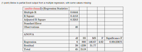 (1 point) Below is partial Excel output from a multiple regression, with some values missing: multicolumn2|cRegression Statis