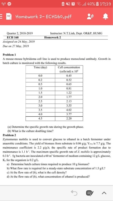 11 42% & 17:19 4/ Homework 2- ECH160,pdf Quarter 2, 2018-2019 ECH 160Homework 2 Instructor: N.T Linh, Dept. OR&P, HUMG Assign