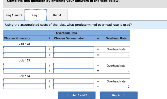 Complete this question by entering your answers in the tabs below. Req 1 and 2 Req 3 Req 4 Using the accumulated costs of the