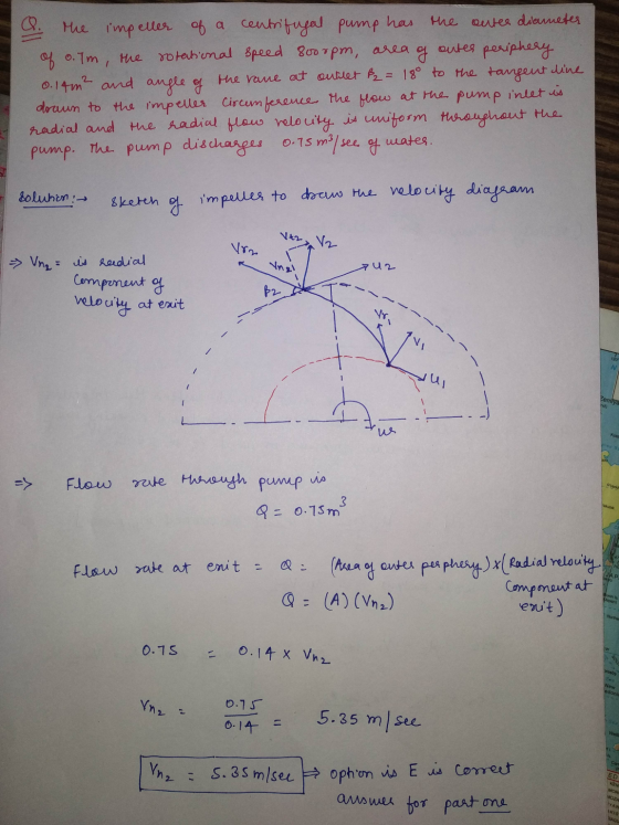 & the impeller of a centrifugal pump has the cutes diameter of o.Tm, the rotational speed 8000pm, area of outes periphery 0.1