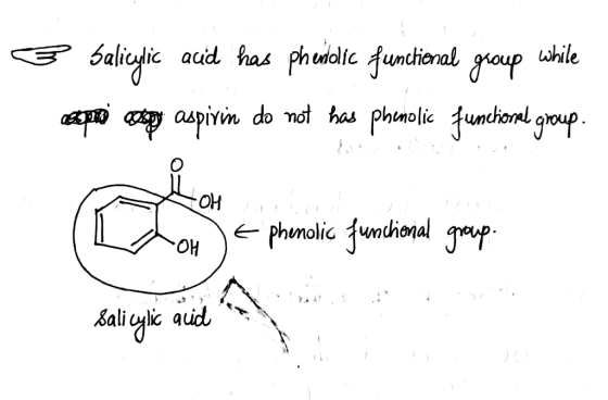 3 Salicylic acid has phenolic functional group while acepro cospy aspirin do not has phenolic functional group. L O H) phenol