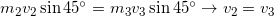 \small m_2v_2\sin{45\degree}=m_3v_3\sin{45\degree}\rightarrow v_2=v_3