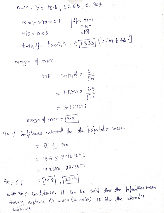 nalo, = 18.6, 5 = 6.5, C= 9004 Q = 1-0.90=0.1 1df-fi-| = lor 212= 0.05 tarla, dfa t0.05,9 = +11833 [osing t teble] man margin