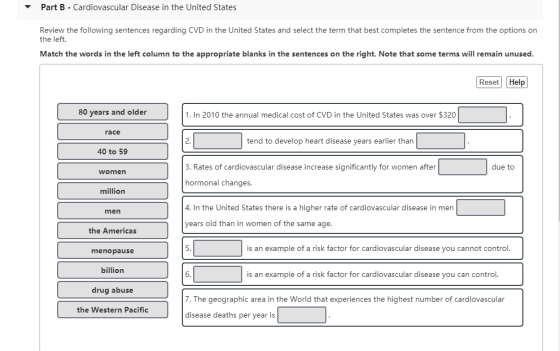 Part B - Cardiovascular Disease in the United States Review the following sentences regarding CVD in the United States and se
