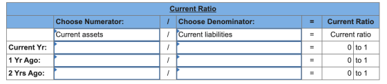 Current Ratio | Choose Denominator: = Choose Numerator: Current assets rrent liabilities Current Ratio Current ratio 0 to 1 0
