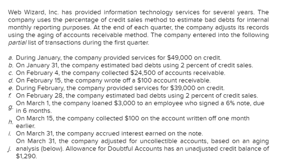 Web Wizard, Inc. has provided information technology services for several years. The company uses the percentage of credit sa