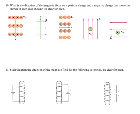 10. What is the direction of the magnetic force on a positive charge and a negative charge that moves as shown in each case s