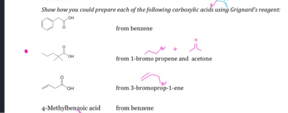 Show how you could prepare each of the following carboxylic acids using Grignards reagent: OH from benzene OH + from 1-bromo
