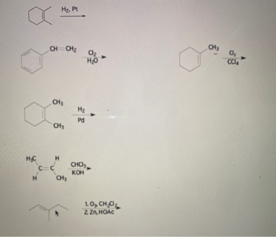 H2, Pt E CH=CH2 CH3 d2 az но CH3 Hz Pd CH3 нс н с с н Сн, CHCl3 КОН 1. О, сна, 270, HOẶC