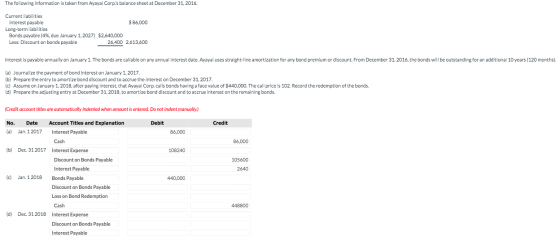 The following information is taken from Ayayai Corps balance sheet at December 31, 2016. Current liabilities Interest payabl