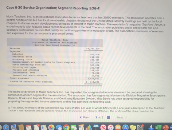 Case 6-30 Service Organization; Segment Reporting (L06-4) Music Teachers, Inc., is an educational association for music teach