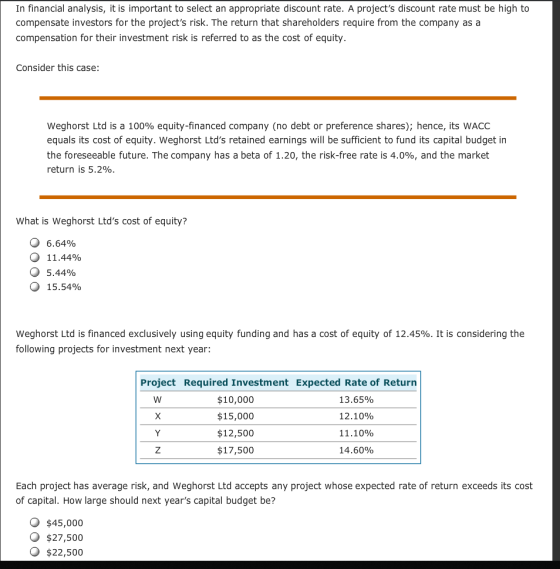 In financial analysis, it is important to select an appropriate discount rate. A projects discount rate must be high to comp