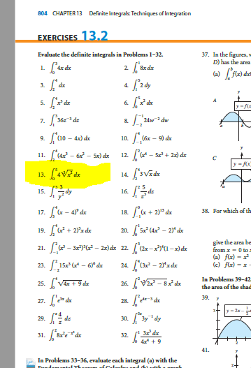 804 CHAPTER 13 Definite Integrals: Techniques of Integration EXERCISES 13.2 37. In the figures, D) has the area (a) (W) de Ev