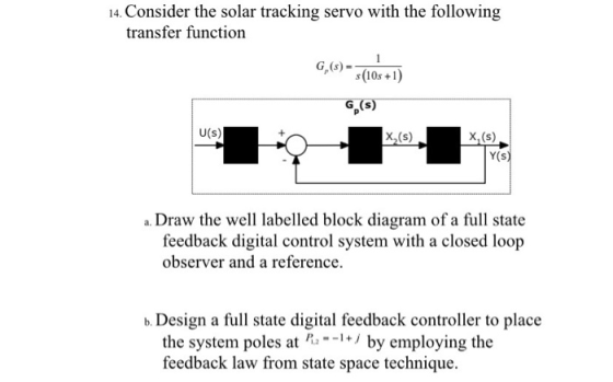 14. Consider the solar tracking servo with the following transfer function G,(s) = s(10s +1) G (5) U(s) X (s) X (s) Y(s) a. D