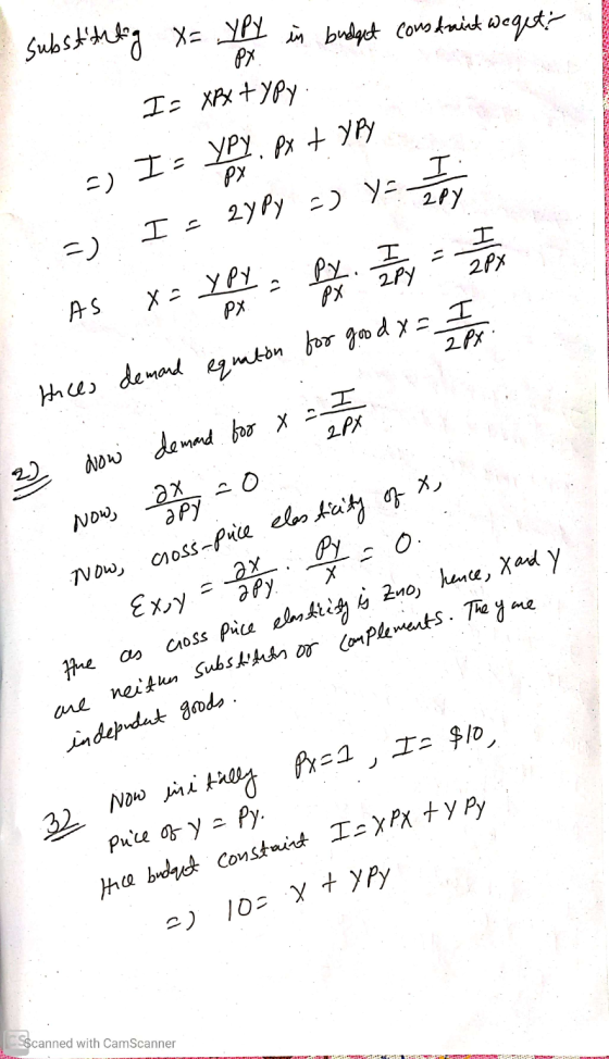 are neither substitutes or complements. They are substanting X= .ypy in budget constraint we get? РЯ. I- XBx typy I 2) I - YP