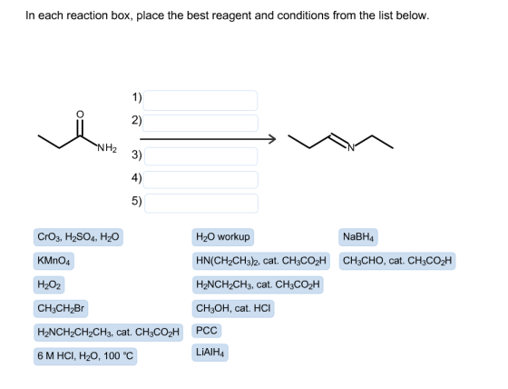 In each reaction box, place the best reagent and conditions from the list below. NH2 CrO3, H2SO4, H20 H20 workup NaBH4 KMnO4