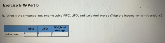 Exercise 5-19 Part b b. What is the amount of net income using FIFO, LIFO, and weighted average? (Ignore income tax considera
