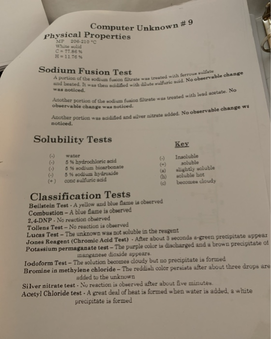 Computer Unknown # 9 Physical Properties MP 206-210 °C White solid C 77.86 % H=11.76 % Sodium Fusion Test A purtion of the so