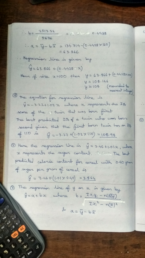 :.ba_2913.33 0 .4428 5676 a=y-bă = 134.714-(0.4428% 160) = 63.866 Regression dire is given by ŷ = 63.866 +(0.4428°32) None if
