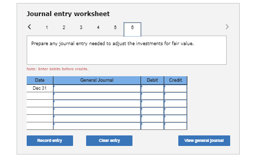 Journal entry worksheet Prepare any journal entry needed to adjust the investments for fair value Note: Enter debits before c